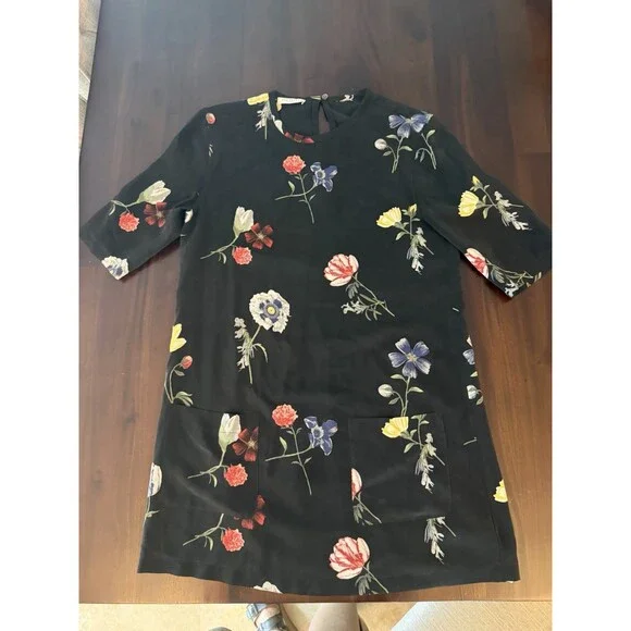 Equipment Femme Aubrey Silk Black Floating Floral Mini Shift Dress (107)